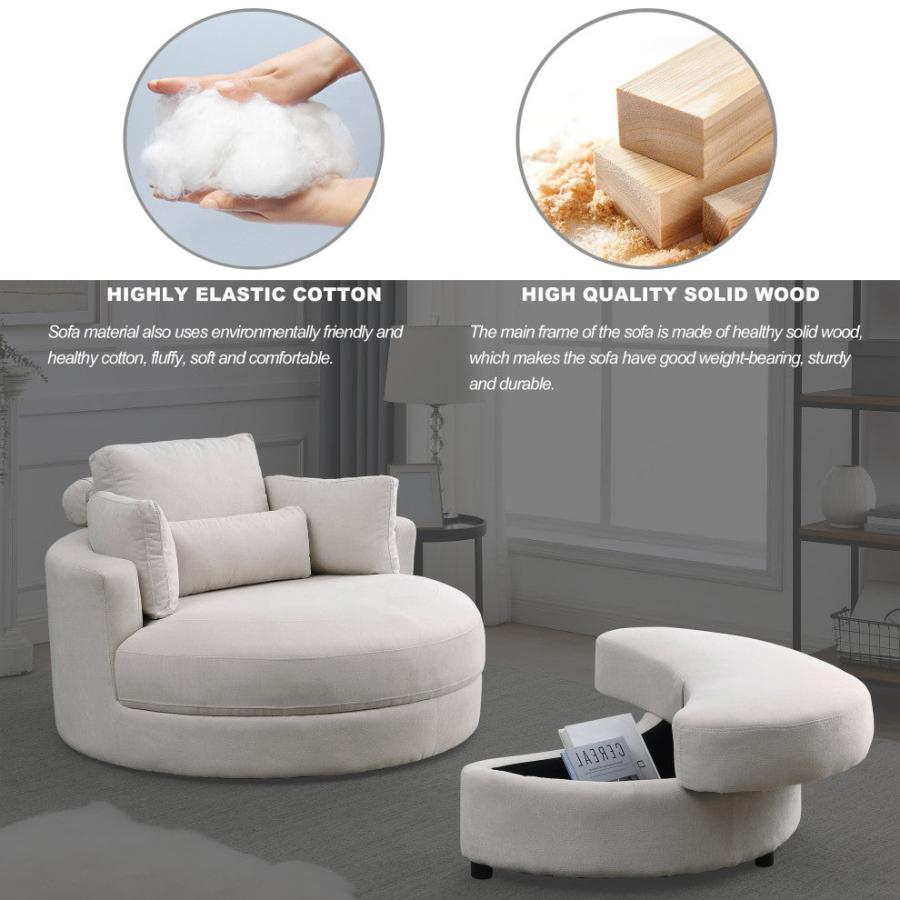 TATEUS  Swivel Barrel Sofa Chair Soft Fabric with High-Density Foam and Pillows, Beige
