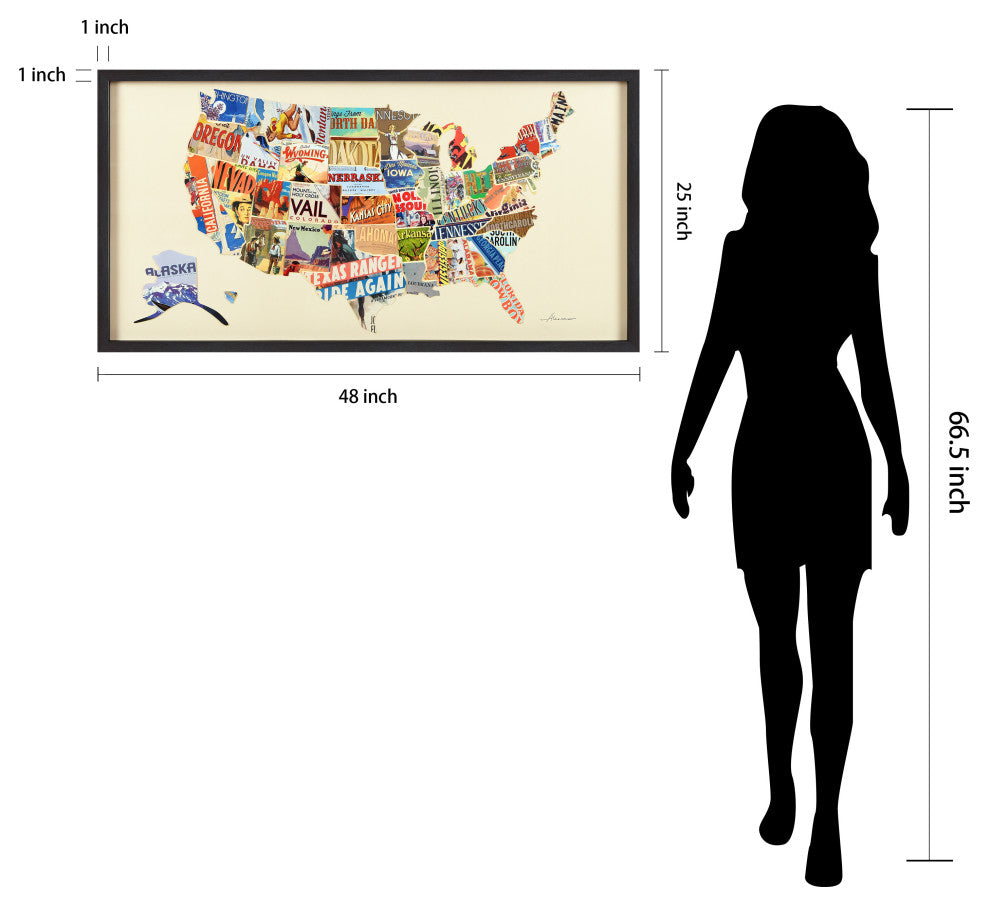 America Map Handmade Dimensional Collage Framed Graphic Wall Art Under Glass Art