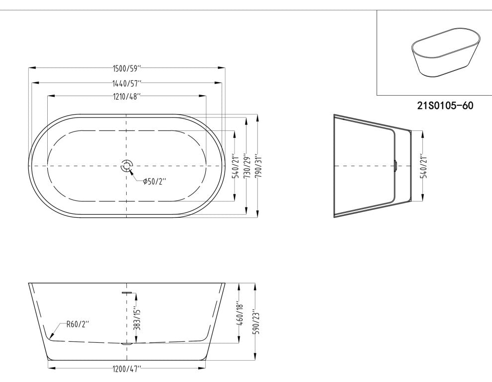 60"x31" Acrylic Alcove Freestanding Soaking Bathtub