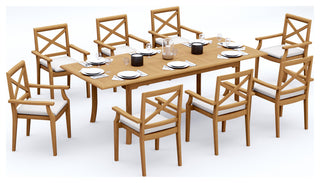 9-Piece Outdoor Teak Dining Set: 94" Rectangle Table, 8 Grand Stacking Arm Chair