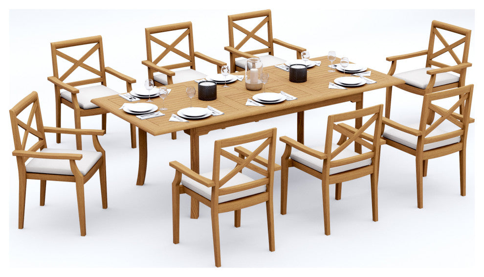 9-Piece Outdoor Teak Dining Set: 94" Rectangle Table, 8 Grand Stacking Arm Chair