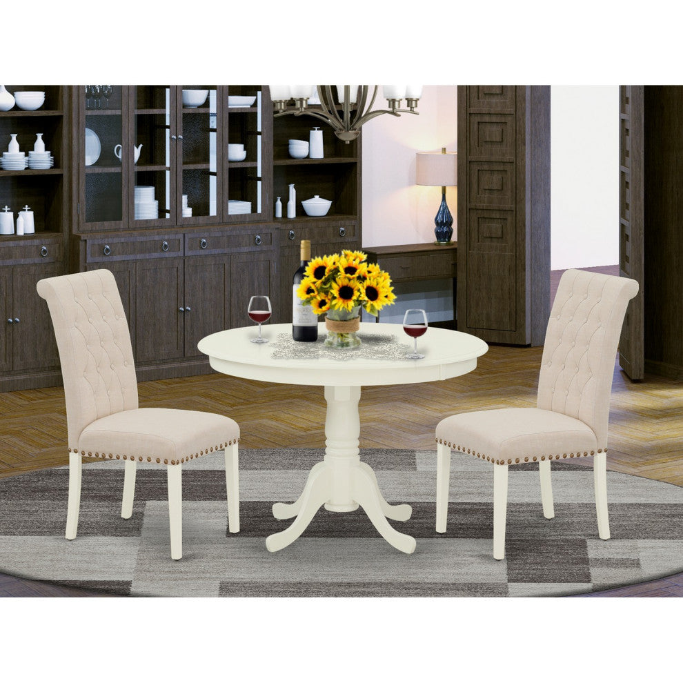 3Pc Dinette Set, Rounded Table, Two Chairs, Light Beige Fabric, Linen White