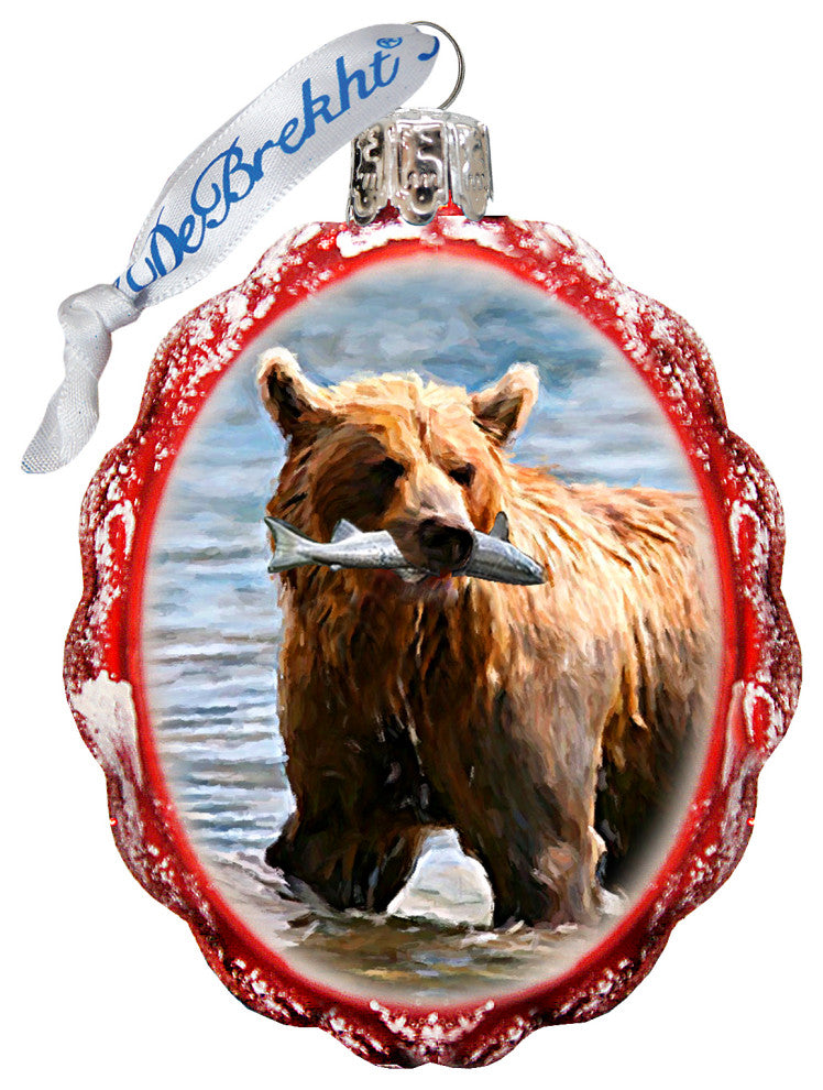 Grizzly Bear fishing Keepsake Glass Ornament