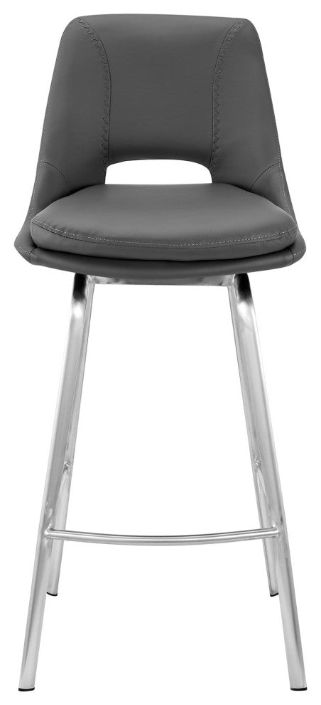 30" Elegant Gray Faux Leather Bar Stool With Stainless Steel Frame