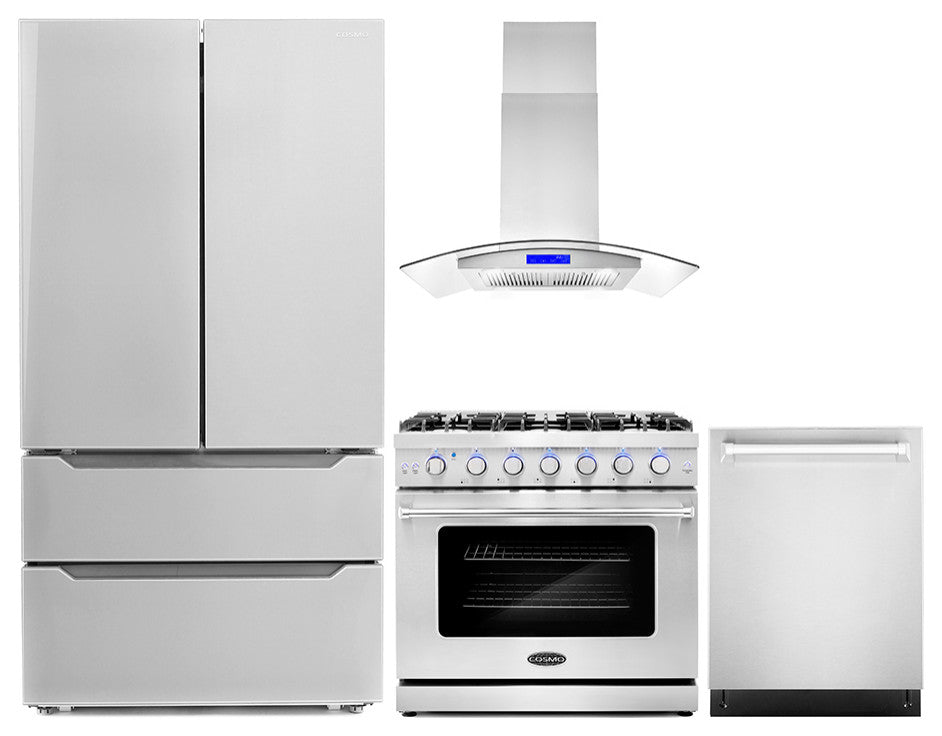 4-Piece, 36" Gas Range, 36" Island Range Hood, Dishwasher and Refrigerator
