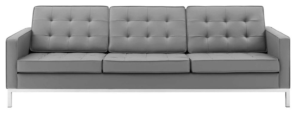 Modern Living Lounge Sofa, Faux Vinyl Leather Metal Steel, Grey Gray Silver, Gray