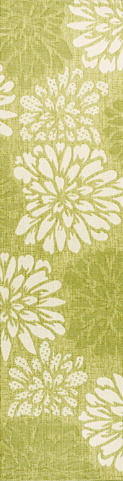 Zinnia Modern Floral Textured Weave Indoor/Outdoor, Green/Cream, 2x8