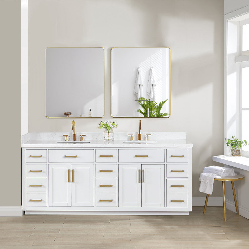 Gavino Vanity With Grain White Composite Stone Top, White/Brushed Gold, 84", With Mirror