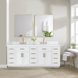 Gavino Vanity With Grain White Composite Stone Top, White/Brushed Gold, 84", With Mirror