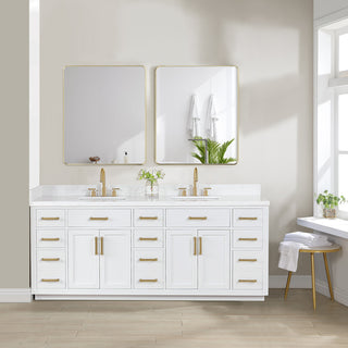Gavino Vanity With Grain White Composite Stone Top, White/Brushed Gold, 84", With Mirror