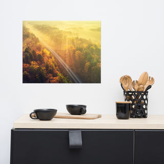 Sunrise Railroad Though Misty Forest Landscape Photo Loose Wall Art Prints, 16" X 20"