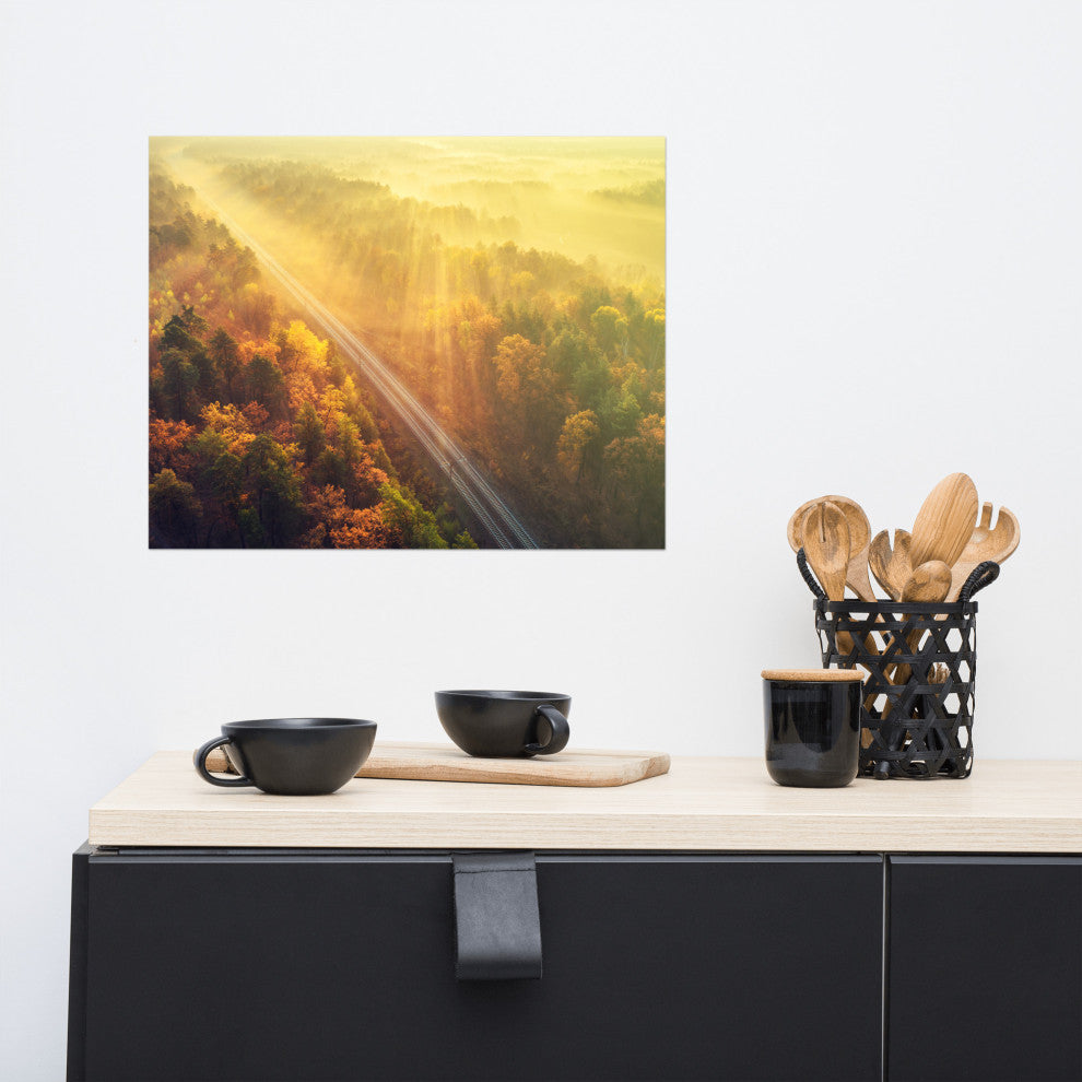 Sunrise Railroad Though Misty Forest Landscape Photo Loose Wall Art Prints, 16" X 20"