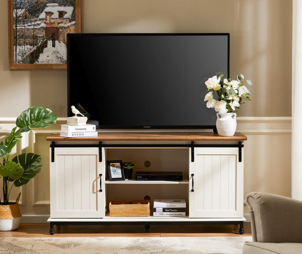 White and Oak Modern Farmhouse TV Stand With Storage