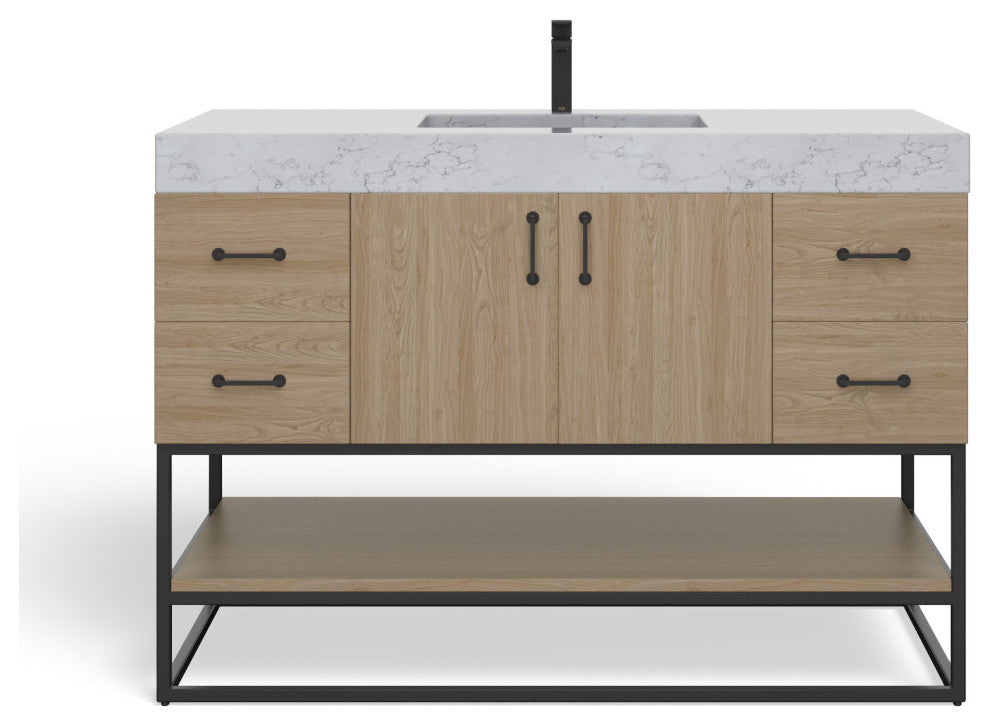 Bahia Bath Vanity, Oak, 48", Matte Black Hardware, Single, Freestanding