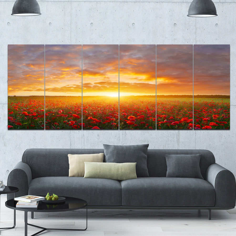 Poppy Field under Bright Sunset, Landscape Canvas Art Print, 70"x28", 6 Panels