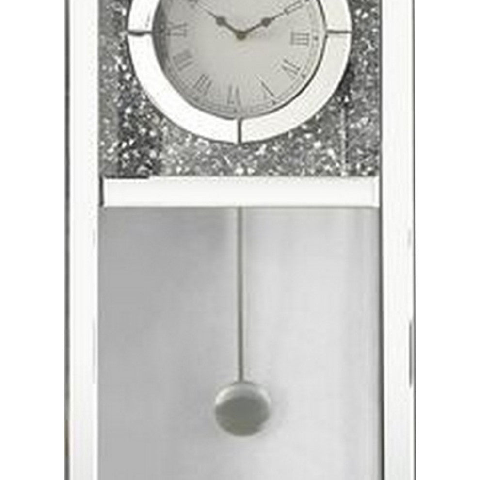 Benzara BM268980 Pendulum Wall Clock With Mirror Trim and Molded Design, Silver