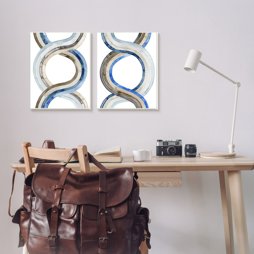 Two Dimensional Spiral Helix Brown Blue Abstract Lines,2pc, each 13 x 19