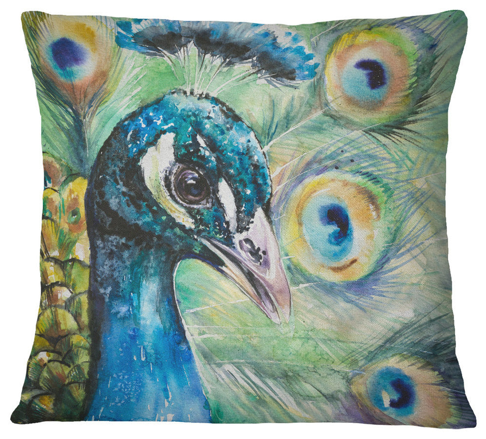 Larger Peacock Watercolor Abstract Throw Pillow, 18"x18"