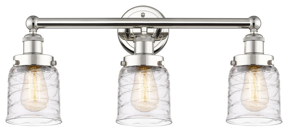 Edison Small Bell 3-Light 25" Vanity Light, Polished Nickel, Clear Deco Swirl