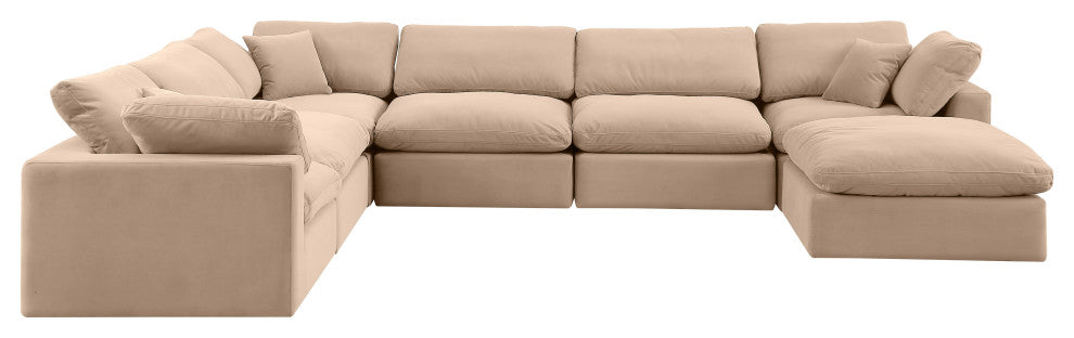 Comfy Upholstered U-Shaped Modular Sectional, Beige, 7-Piece: 3 Armless Chair, 3 Corner Chair, 1 Ottoman, Velvet