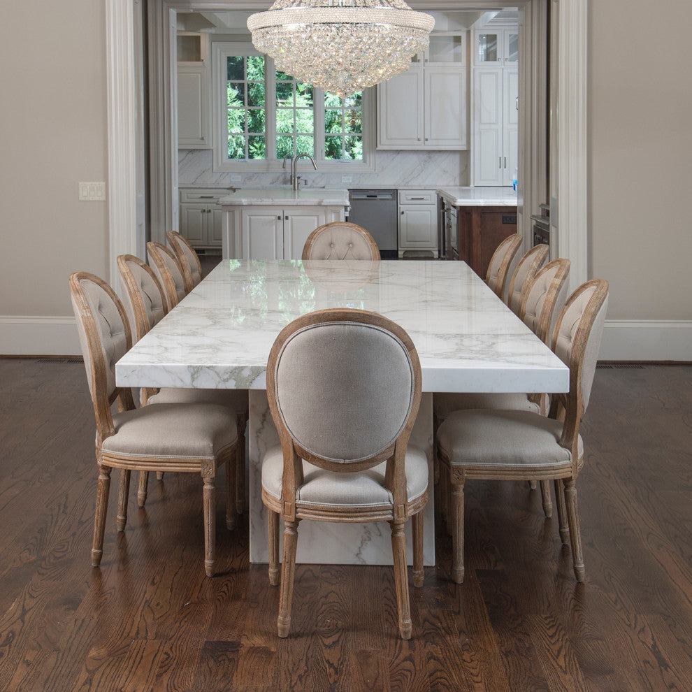 French Chic Vintage Style Dining Side Chair With Upholstered Linen Welted Fabric, Button Back