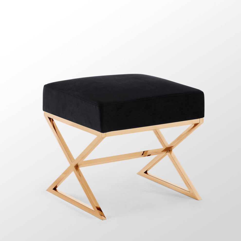 Oria Velvet X-Leg Chrome or Gold Base Ottoman, Black/Gold