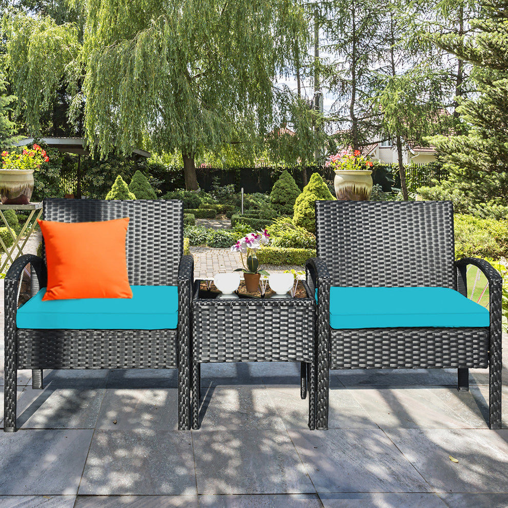 Costway 3PC Patio Rattan Furniture Set Coffee Table Sofa Cushioned Turquoise