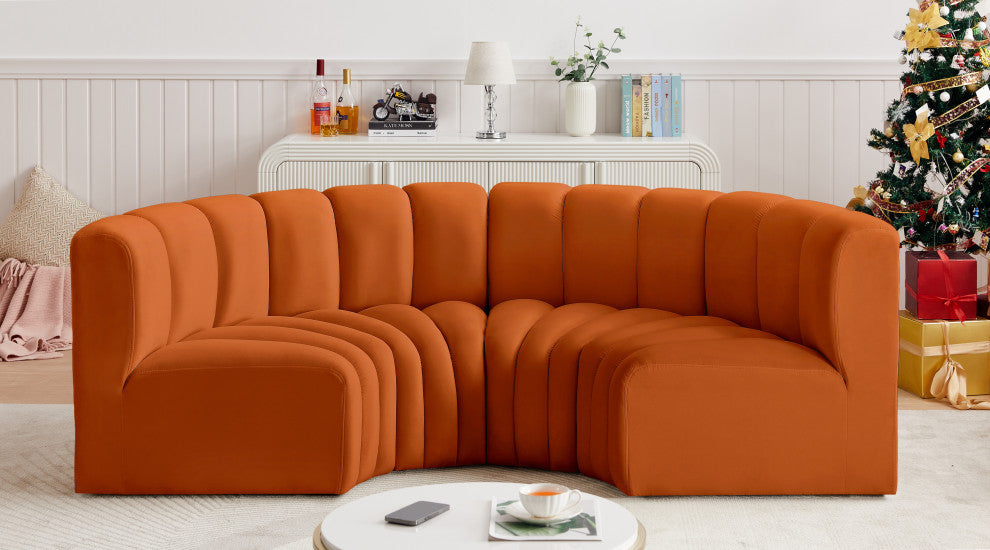 Arc Velvet Upholstered 4-Pc. Inward Curved Modular Sectional, Cognac