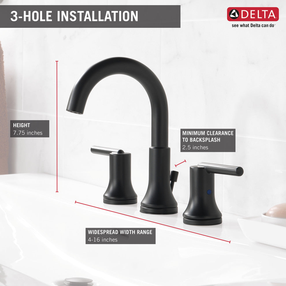 Delta Trinsic Two Handle Widespread Bathroom Faucet, Matte Black, 3559-BLMPU-DST
