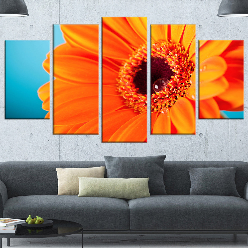 Orange Daisy Gerbera Flower Close up, Flowers Canvas Artwork, 60"x32", 5 Panels