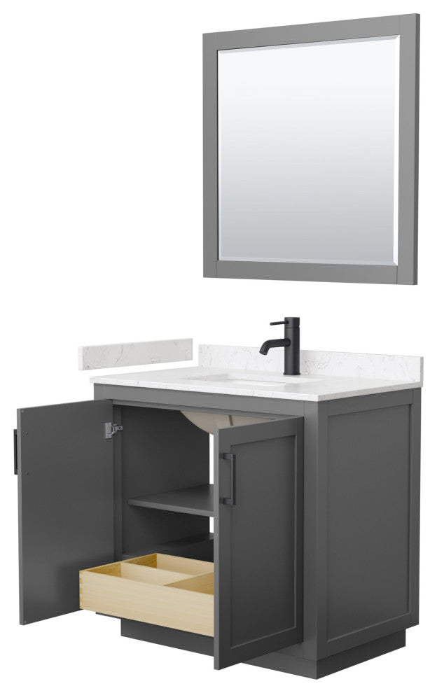 36"SGL Vanity Dark Gray, LV Carrara Cult. Top, Sink, Black Trim, 34"Mirror