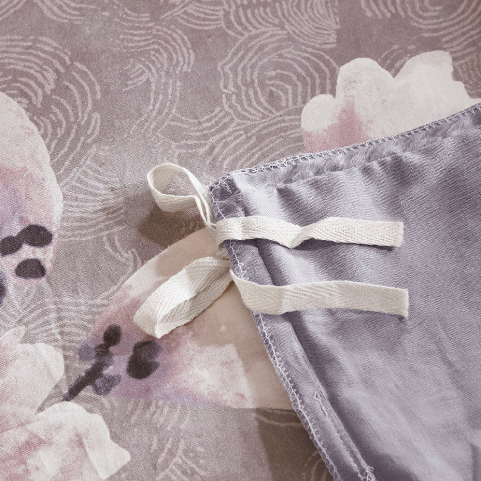 N Natori Sakura Blossom 3 Piece Cotton Sateen Printed Duvet Cover Set, Lilac