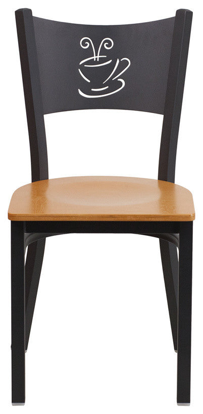 HERCULES Series Black Coffee Back Metal Restaurant Chair, Natural Wood Seat