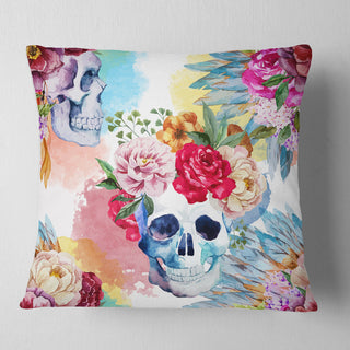 Ethnic Skull with Flowers Floral Throw Pillow, 18"x18"