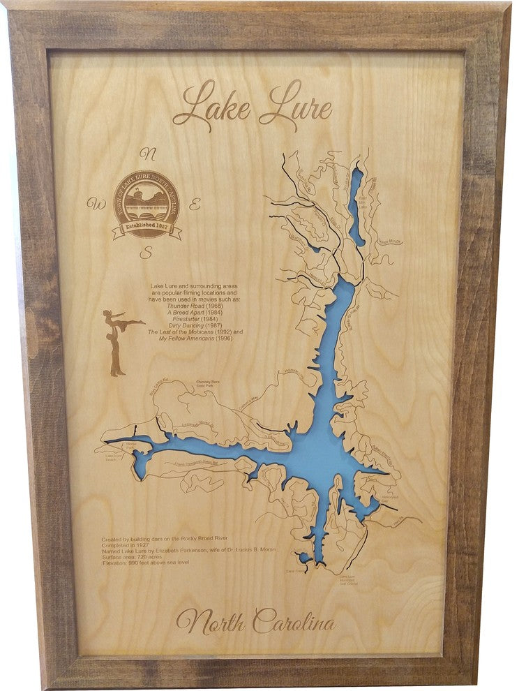 Lake Lure, North Carolina-Wood Lake Map, Medium Framed