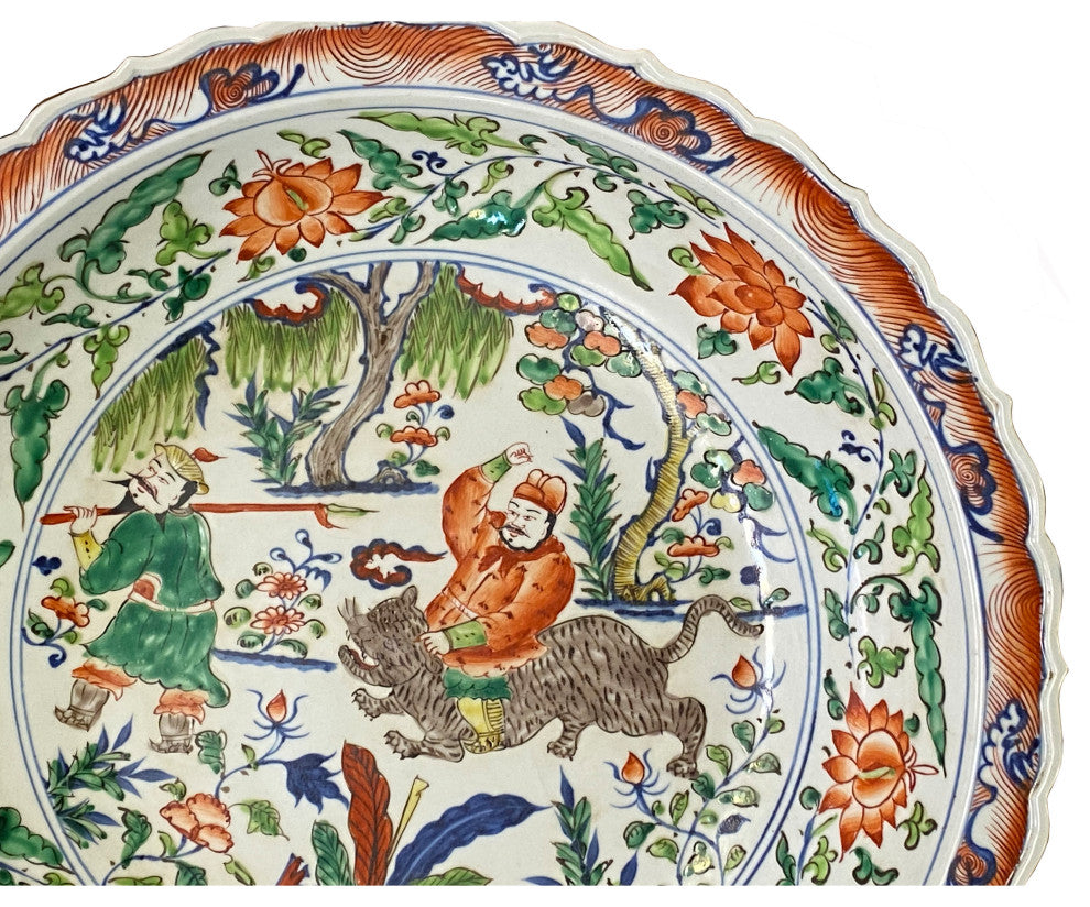 Chinese Orange White Porcelain People Scenery Display Charger Plate Hcs7437