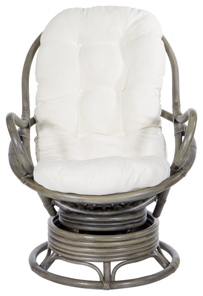 Tahiti Rattan Swivel Rocker Chair, White Fabric With Gray Frame