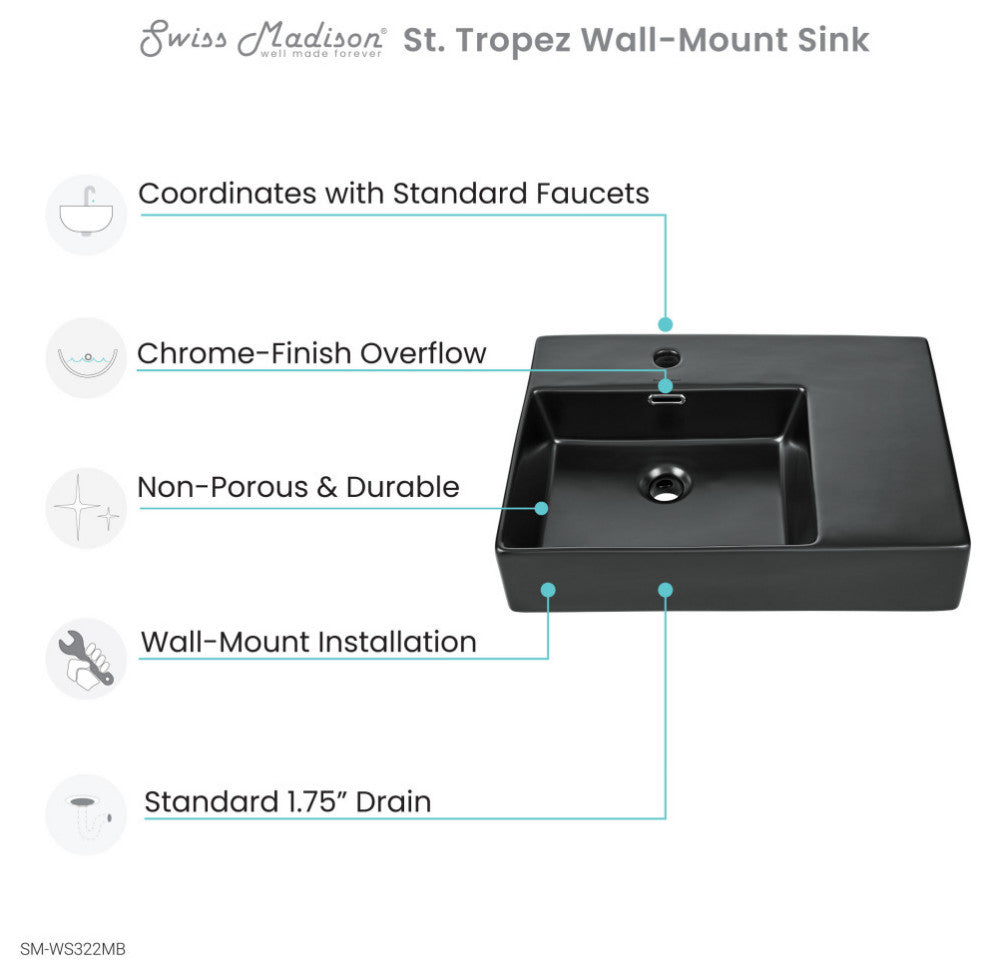 St. Tropez 24"x18" Ceramic Wall Hung Sink With Left Faucet Mount, Matte Black