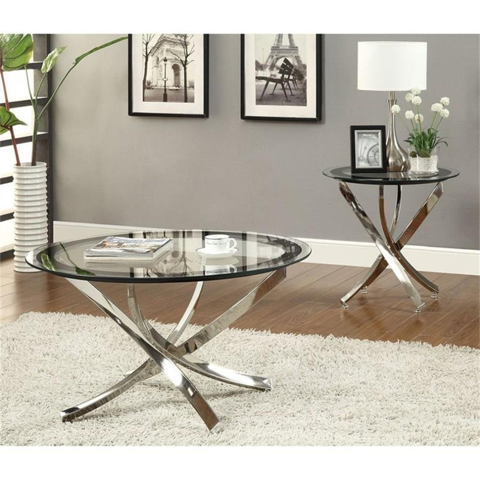 Pemberly Row End Table Coffee Accent Table Round in Glass Top and Metal - Chrome