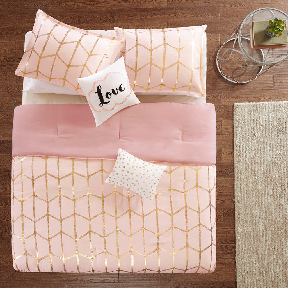 Intelligent Design Raina Metallic Printed Comforter Set, Blush/Gold
