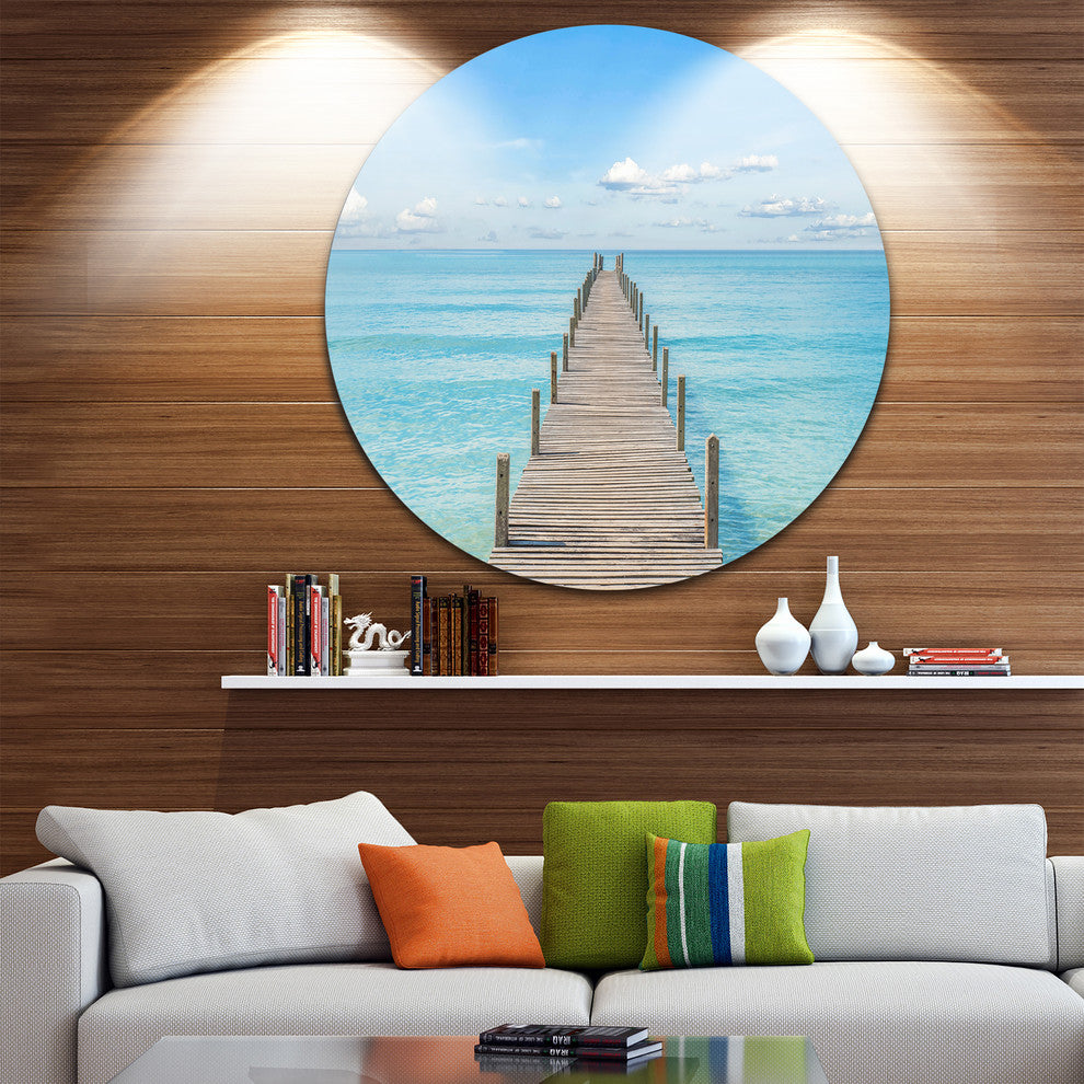 Pier Infinite To The Sea, Seascape Photo Round Metal Wall Art, 11"