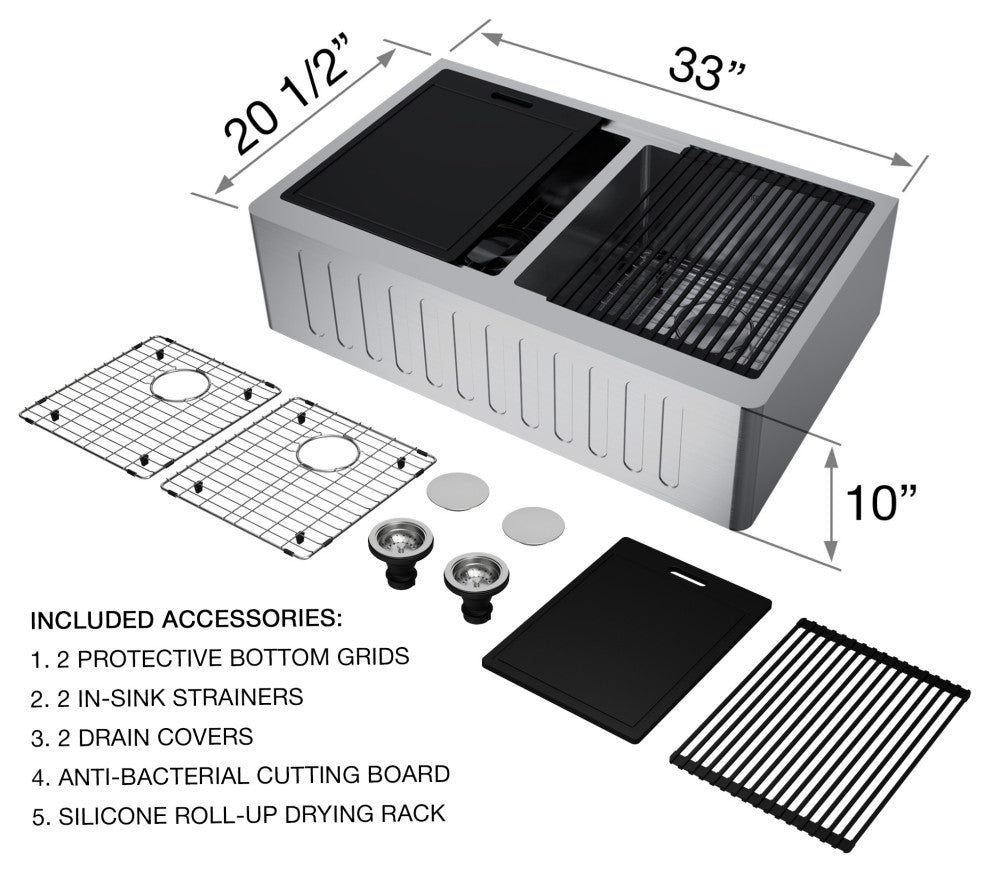 Oxford Double Bowl Slotted Apron Farmhouse Kitchen Sink and Accessories, 33" L X 21" W