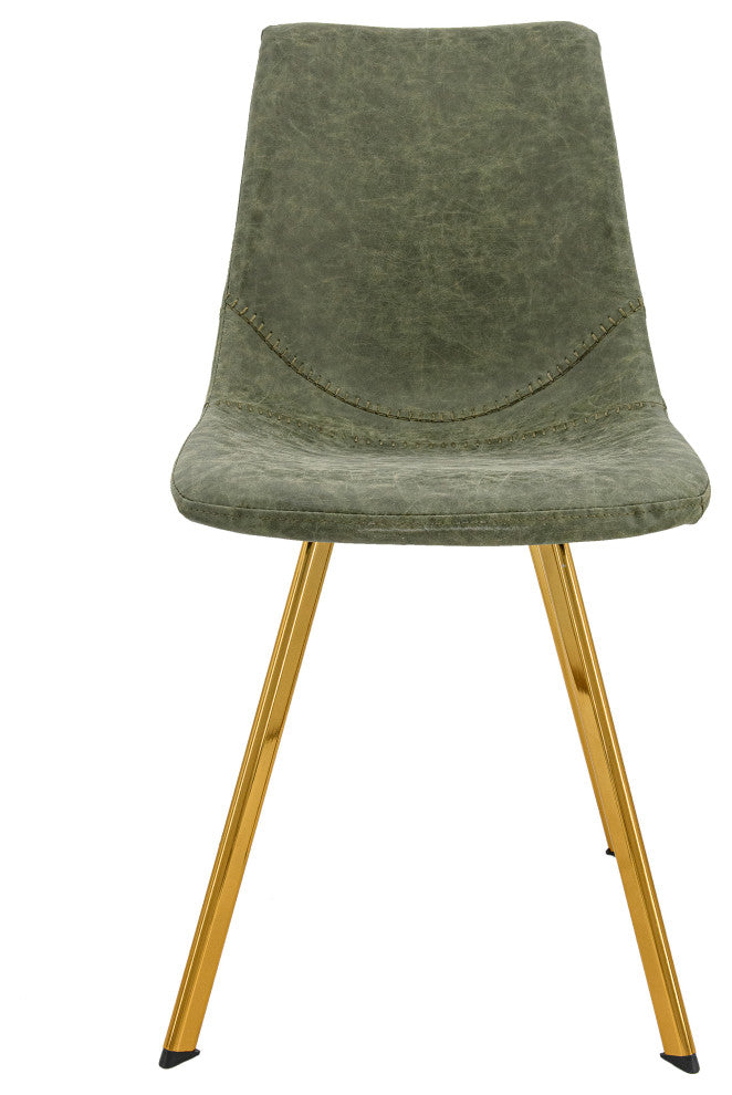LeisureMod Markley Leather Dining Chair With Gold Legs Set of 4, Olive Green