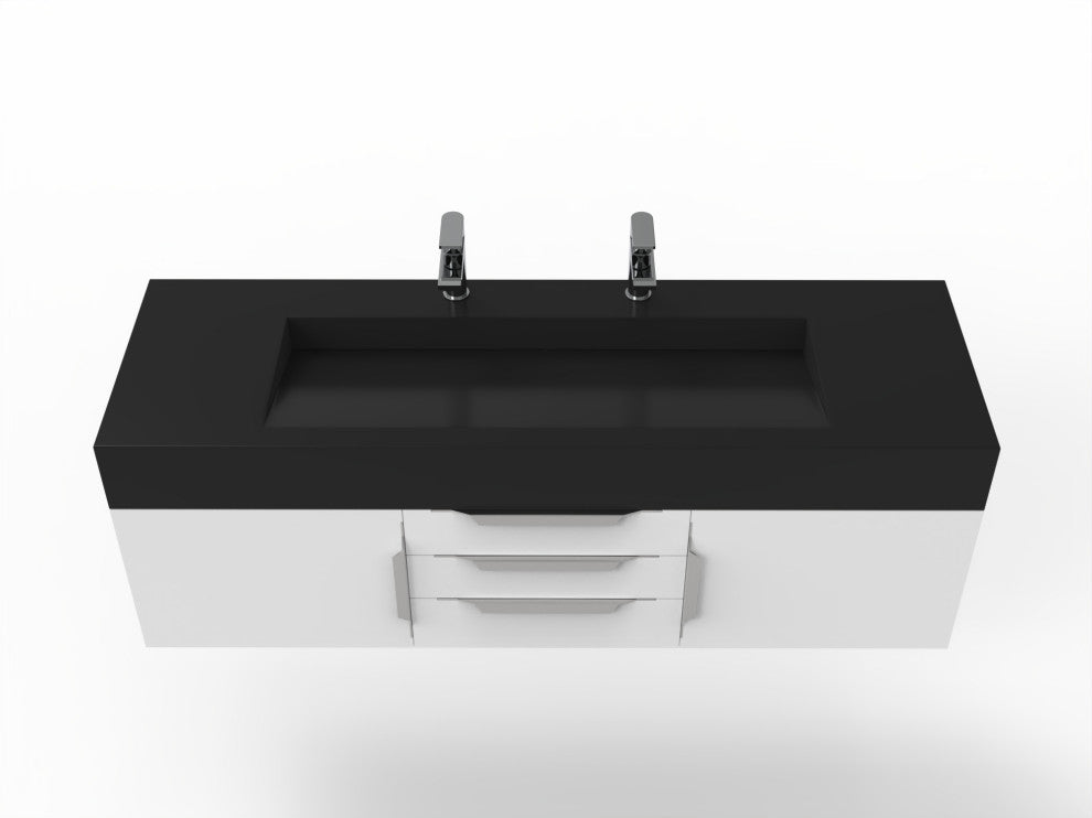 CastelloUSA Nile 60" Wall Mounted Vanity Set, White, Black Top, Chrome Handles