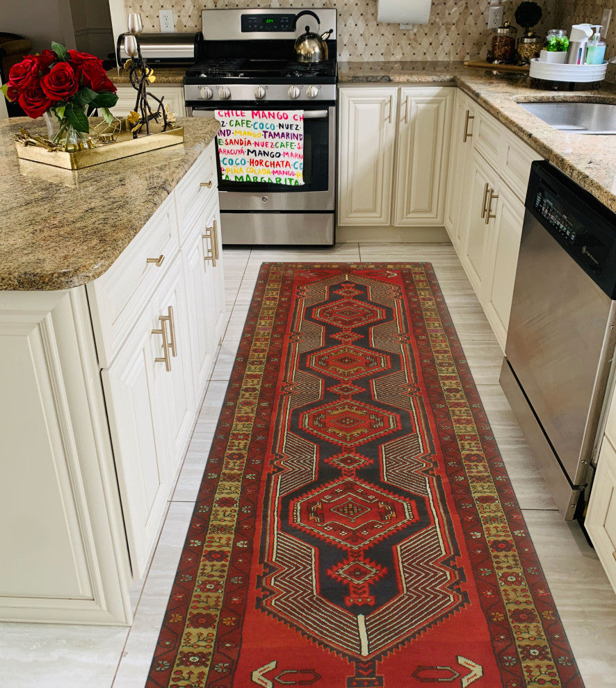 Fine Vintage Distressed Sanderso Charcoal/Burgundy Runner, 3'4x12'9