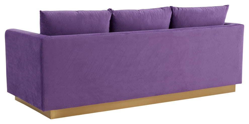 LeisureMod Nervo Modern Velvet Sofa With Gold Base, Purple