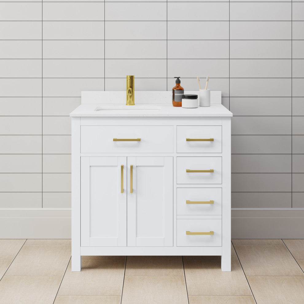 Beckett 36" White Single Vanity, White Cultured Marble Top, Gold Trim