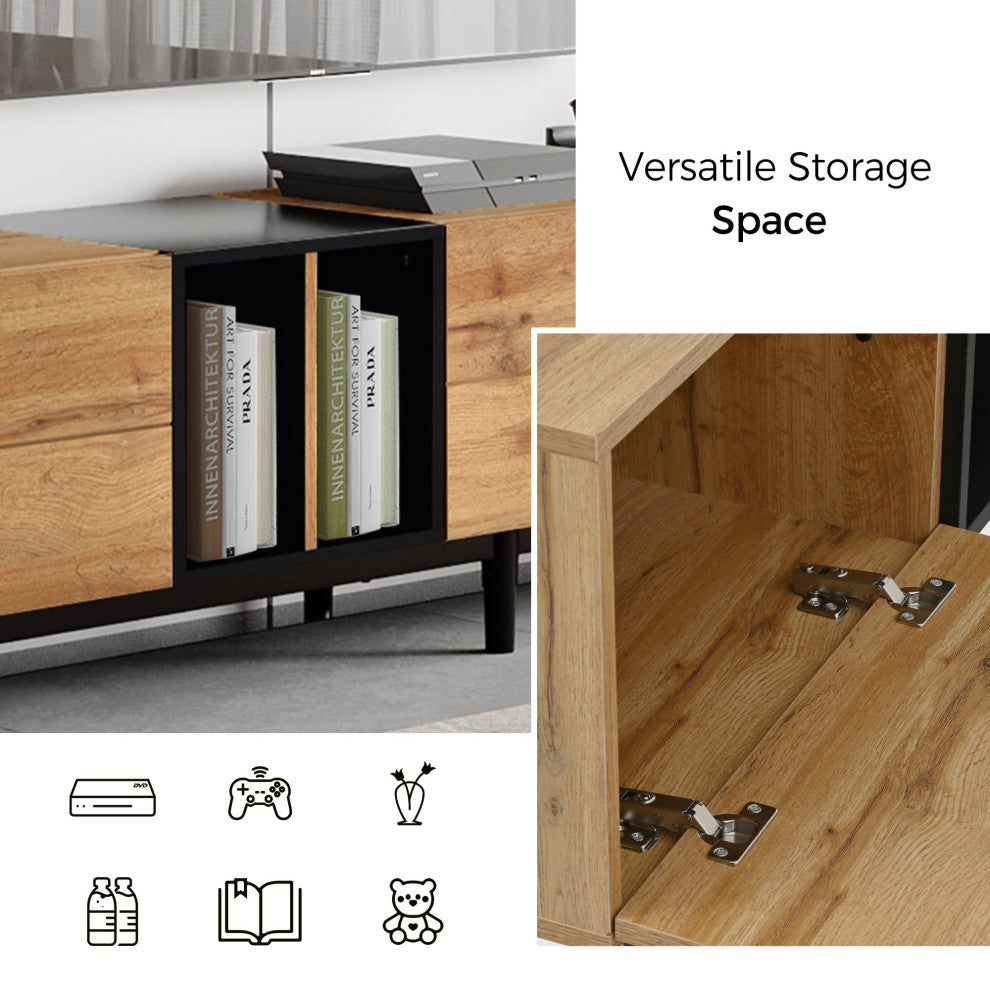 TATEUS 80" TV Stand With Large Storage Cabinet, Combining Style, Natural Wood
