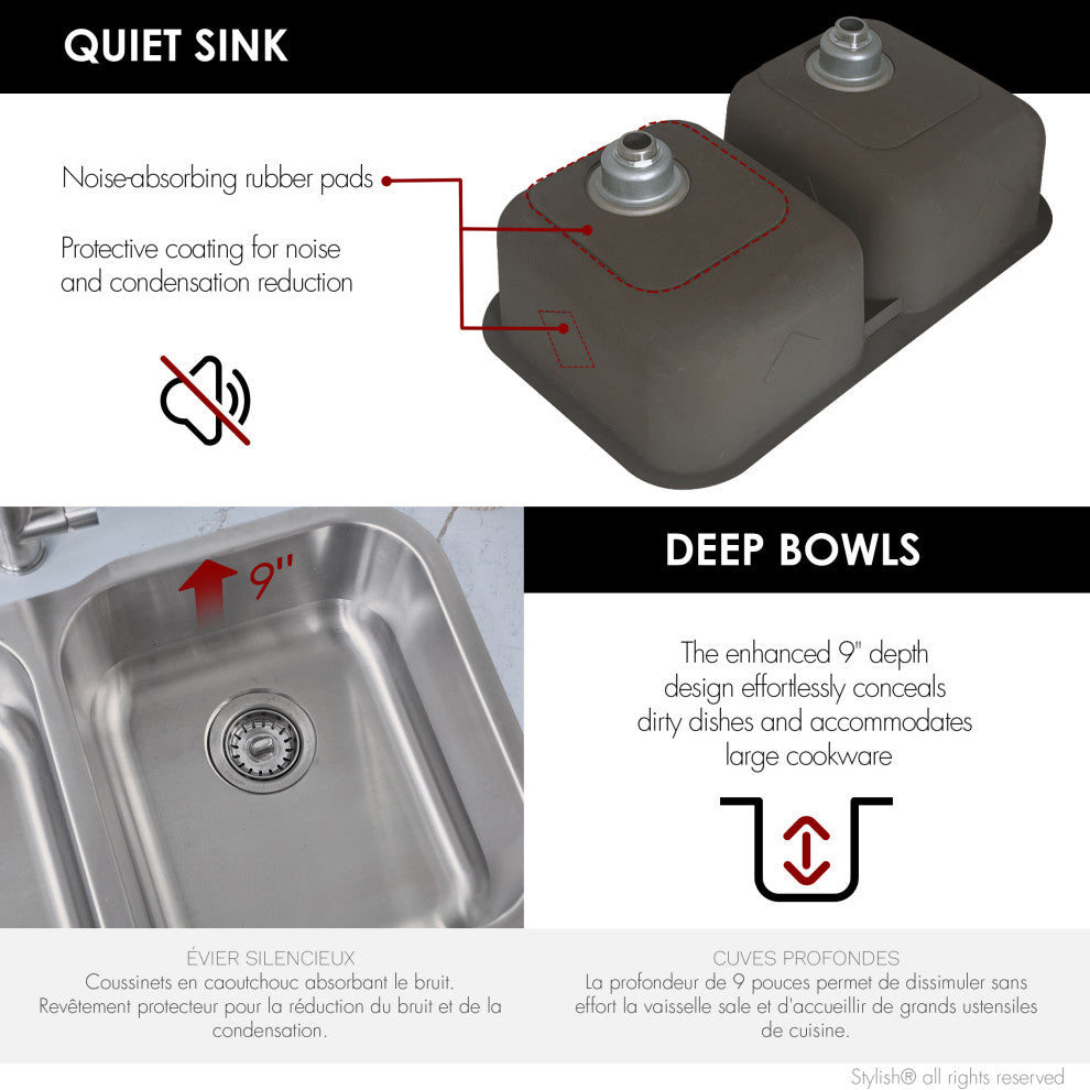 STYLISH Jaspel Dual Mount 32" Double-Bowl Stainless Steel Kitchen Sink