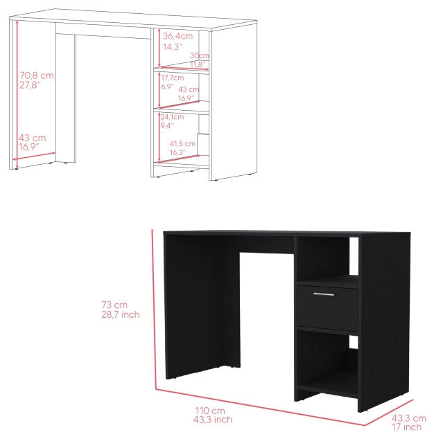 Arlington Computer Desk with Drawer, 2 Open Storage Shelves and Legs, Black